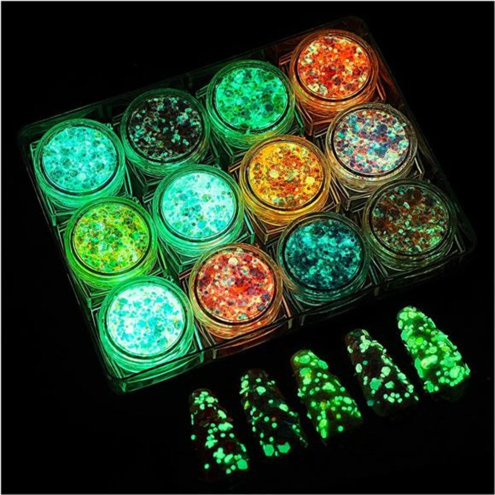 Glow inThe DarkBody Face Glitter Gel,12Colors Luminous Iridescent Chunky Glitter